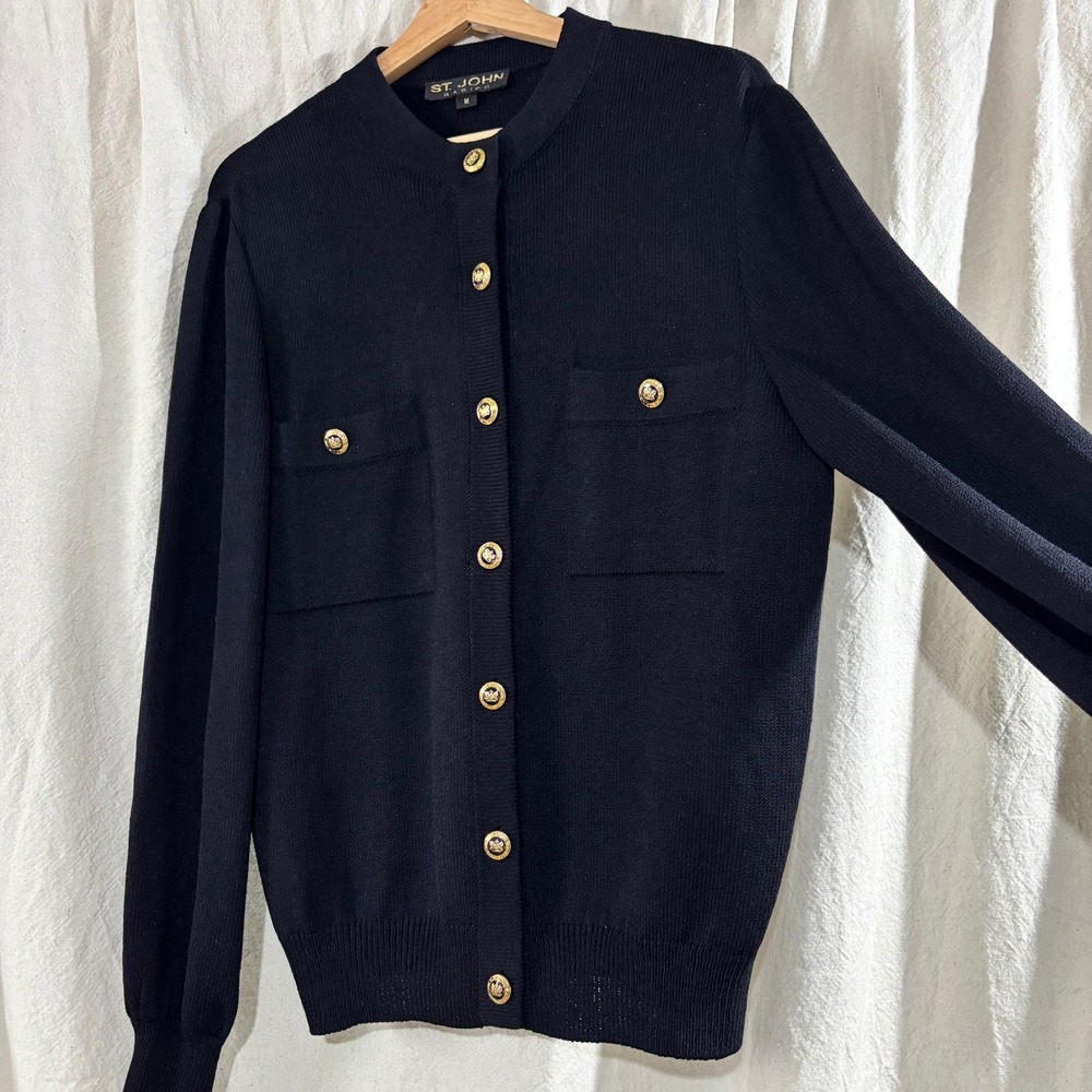 St. John Basics Black Santana Knit Cardigan Gold Crest Button Jacket Womens M